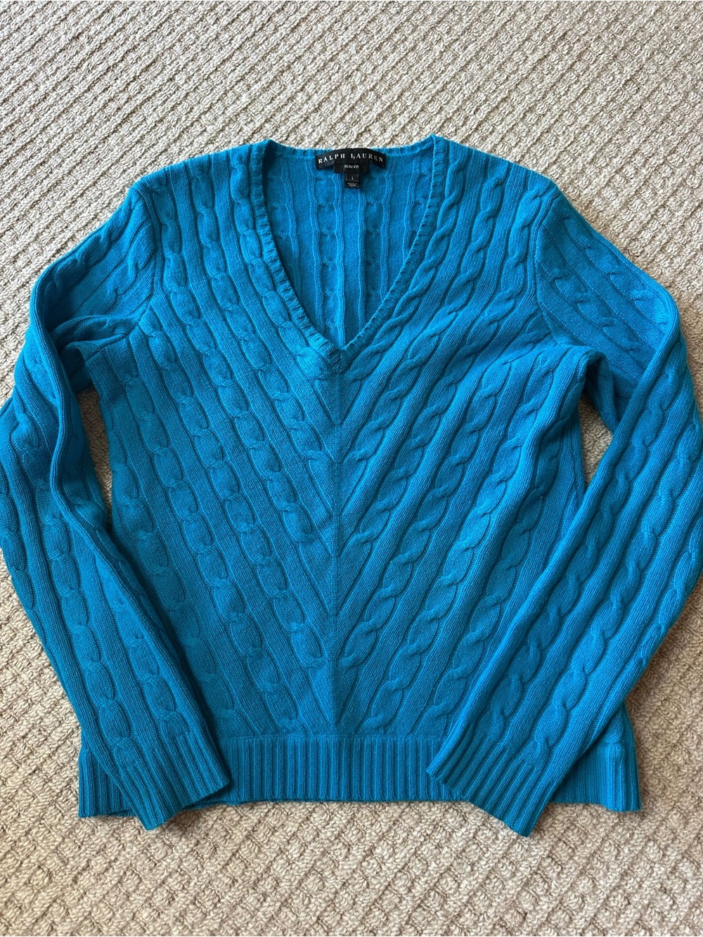 Ralph Lauren Black Tag Vintage y2k 100% Cashmere V-Neck Cable Knit Sweater Sz L